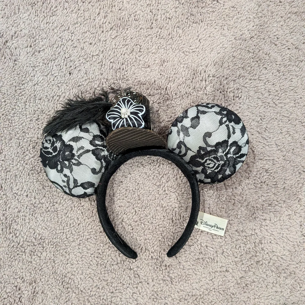 Disney Black Lace Mouse Ears Headband With Tiny Hat